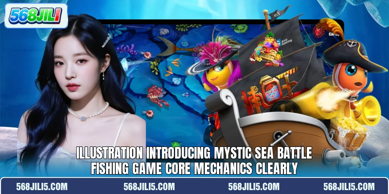 Illustration introducing Mystic Sea Battle fishing game core mechanics clearly Illustration introducing Mystic Sea Battle fishing game core mechanics clearly